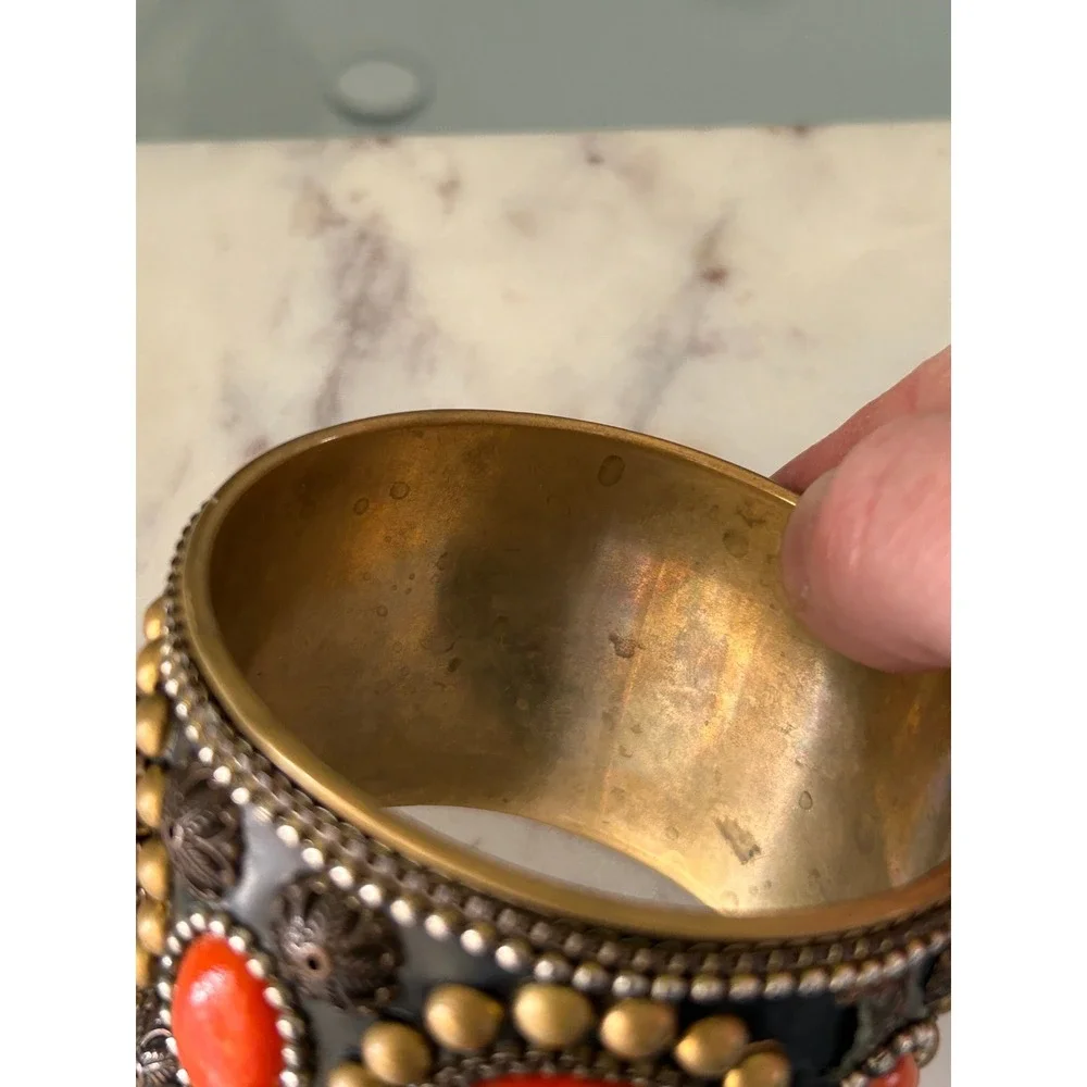 Vintage Boho Wide Cuff Bangle Bracelet Orange Cabochon Brass Tone Studded Ethnic